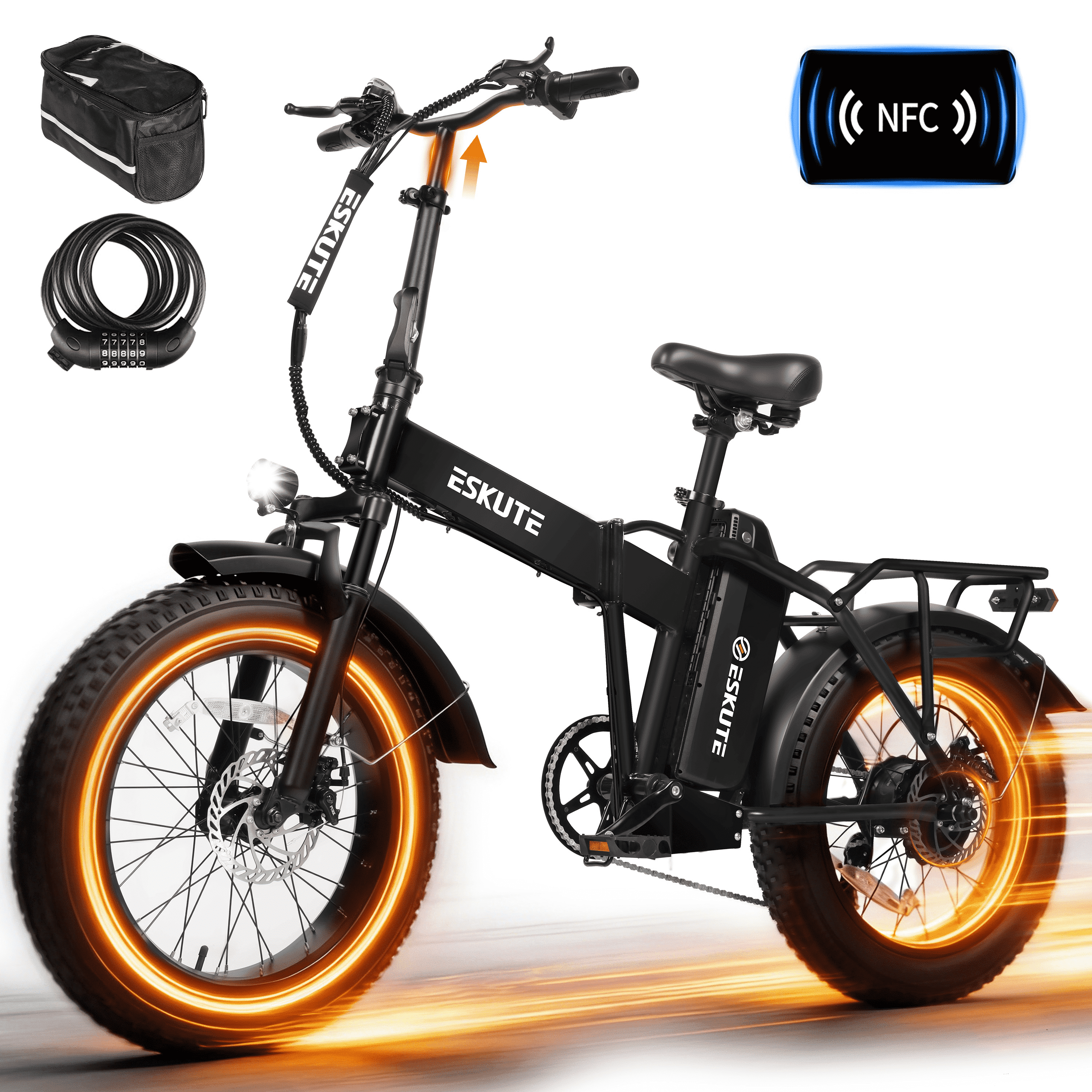 ESKUTE D300 Electric Bike for Adults, Folding Ebike with 1200W Peak Motor 28MPH, 48V 20.8Ah Removable Battery, 20"x4.0" Fat Tires, 80 Miles 7-Speed Gear, NFC Unlock,Black with Phonebag & Lock, UL2849