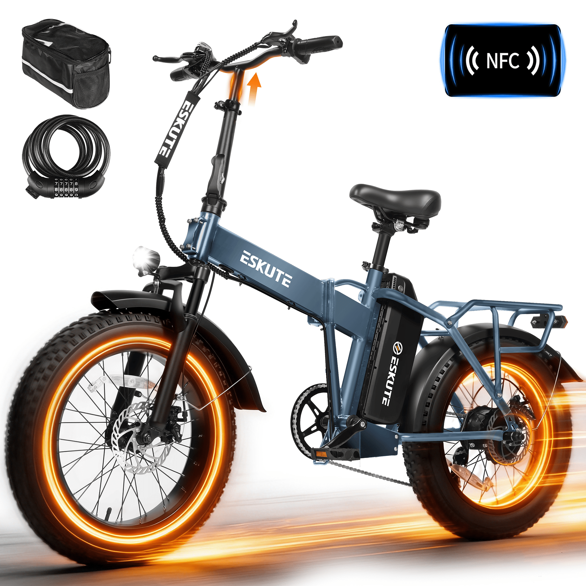 ESKUTE D300 Electric Bike for Adults, Folding Ebike with 1200W Peak Motor 28MPH, 48V 20.8Ah Removable Battery, 20"x4.0" Fat Tires, 80 Miles 7-Speed Gear, NFC Unlock,Blue with Phonebag & Lock, UL2849