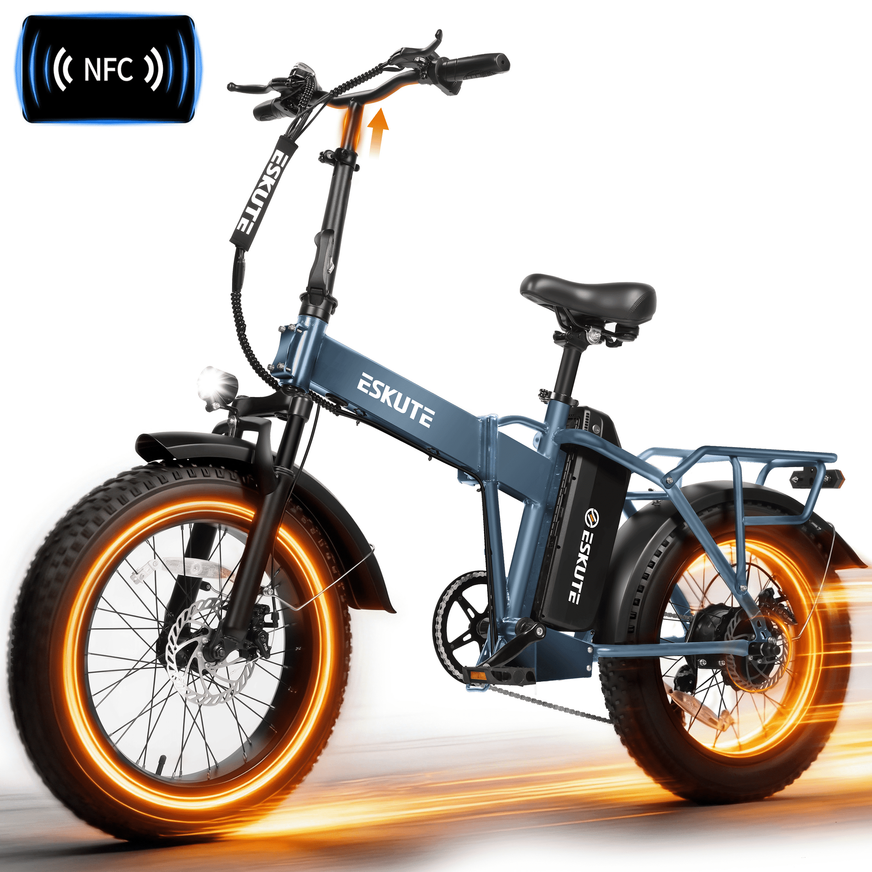 ESKUTE D300 Electric Bike for Adults, Folding Ebike with 1200W Peak Motor 28MPH, 48V 20.8Ah Removable Battery, 20"x4.0" Fat Tires, 80 Miles 7-Speed Gear, NFC Unlock,Blue, UL2849