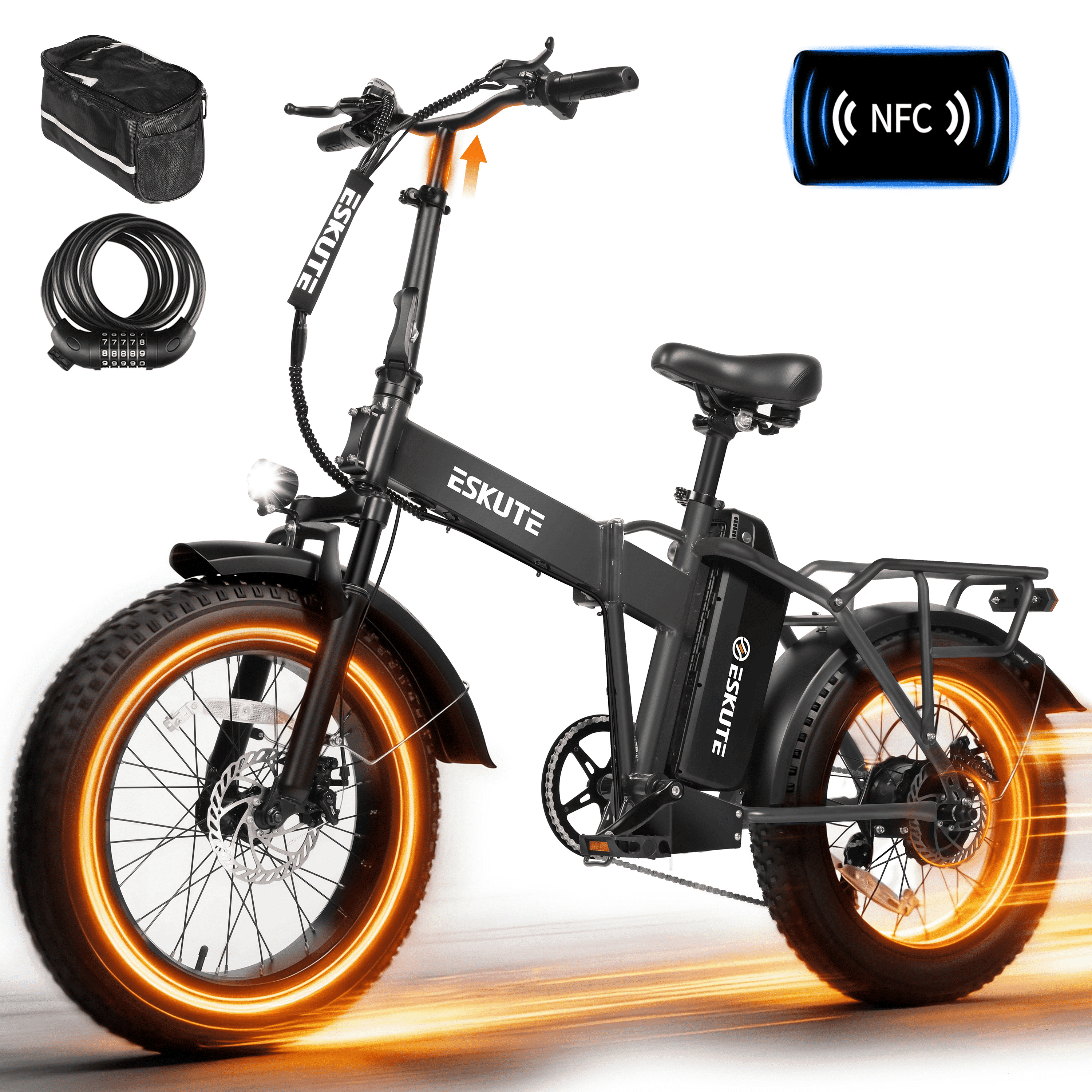 ESKUTE D300 Electric Bike for Adults, Folding Ebike with 1200W Peak Motor 28MPH, 48V 20.8Ah Removable Battery, 20"x4.0" Fat Tires, 80 Miles 7-Speed Gear, NFC Unlock,Gray with Phonebag & Lock, UL2849