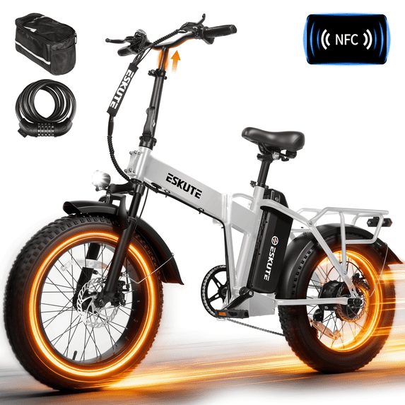ESKUTE D300 Electric Bike for Adults, Folding Ebike with 750W Motor 20MPH, 48V 20.8Ah Removable Battery, 20"x4.0" Fat Tires,NFC Unlock,White with Phonebag & Lock, UL2849 Class 2