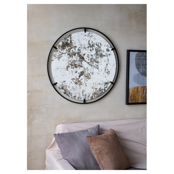 D31.5x0.5" Theodor Mirror with industrial design Round Mirror with Metal Frame for Wall Decor & Entryway Console Lean Against Wall Black + Iron