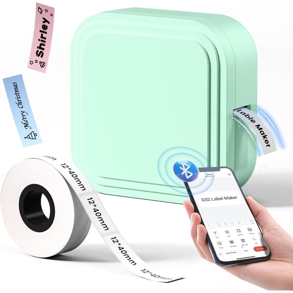 Phomemo D32 Label MakerThermal Label Printer, Bluetooth Wireless Mini Pocket Smartphone Label Maker Machine with Tape, Compatible with iOS/Android, for Home, Office, and Supermarket(Green)