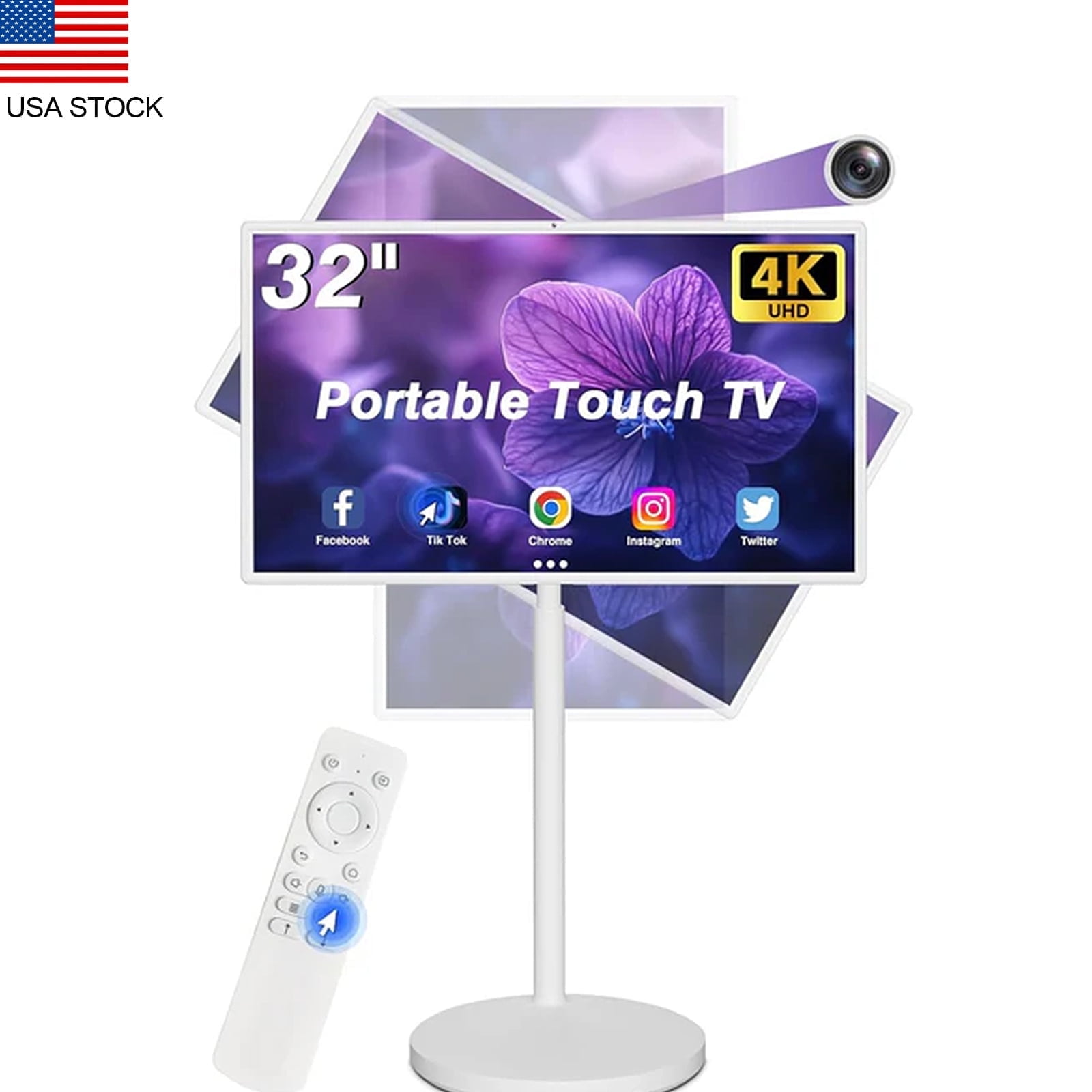 32 inch Portable 4K UHD Smart TV on Wheels with 32" Touch Screen Monitor with Built-in Camera Full Swivel Rotation Remote Control Android 13 OS