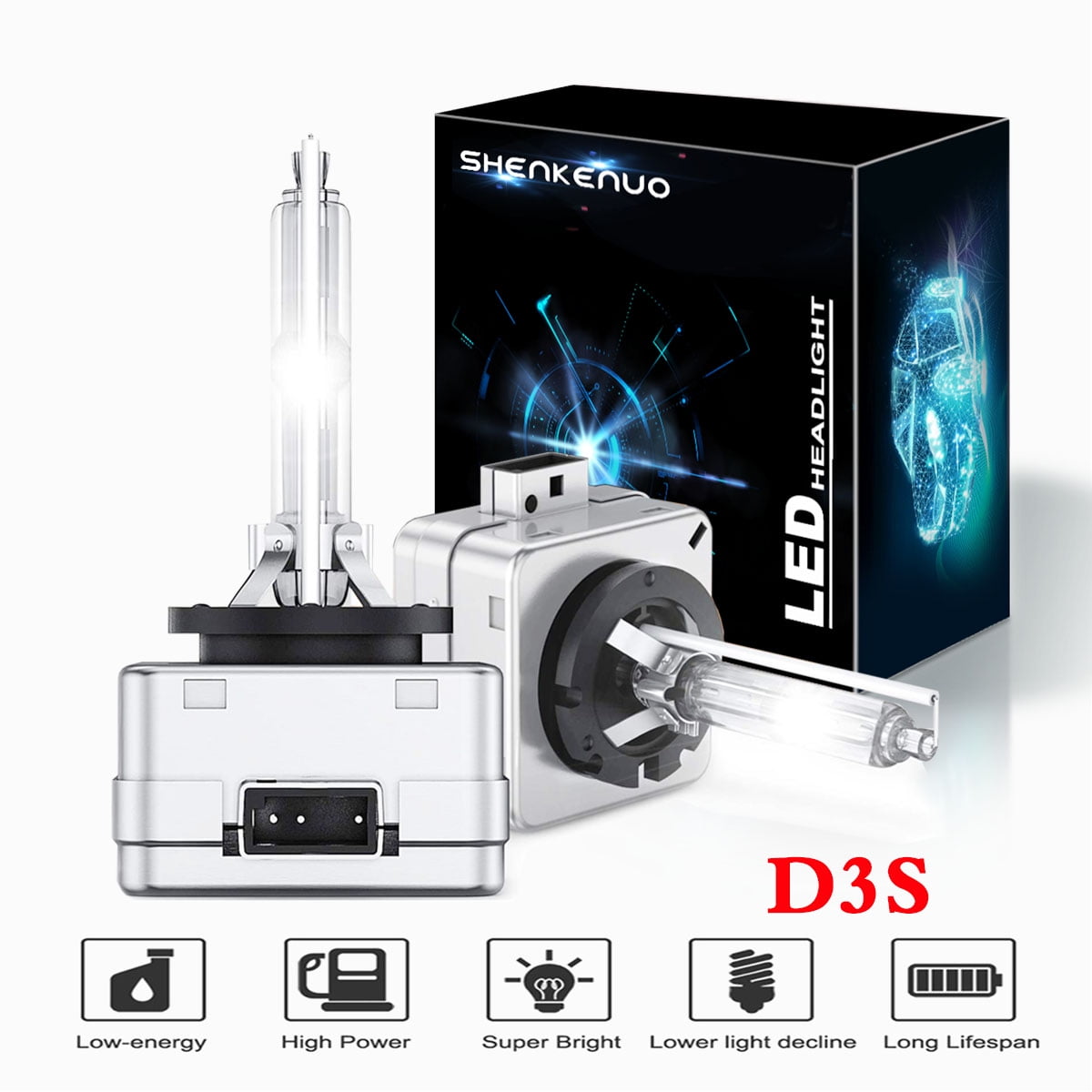 D3S HID Headlight Bulbs, for GMC Acadia 2013-2015 Yukon Denali 2015-2019 6000K White High and Low Beam Bulbs, 2-Pack