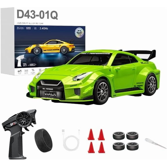 D43 1:43 Scale Alloy RC Drift Car Adjustable Gyro, 2.4GHz 4WD Full Proportional RC Sports Car with LED Lights, RC Racing Model for Hobbyists (Q3/Apple Green - D43-02)
