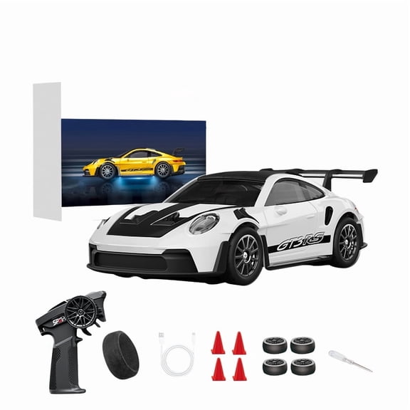 D43 1:43 Scale Alloy RC Drift Car Adjustable Gyro, 2.4GHz 4WD Full Proportional RC Sports Car with LED Lights, RC Racing Model for Hobbyists (Q3/White - D43-01)