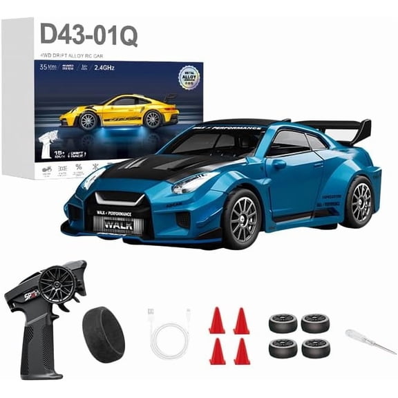 D43 1:43 Scale Alloy RC Drift Car Adjustable Gyro, 2.4GHz 4WD Full Proportional RC Sports Car with LED Lights, RC Racing Model for Hobbyists (Q7/Metallic Blue - D43-02)