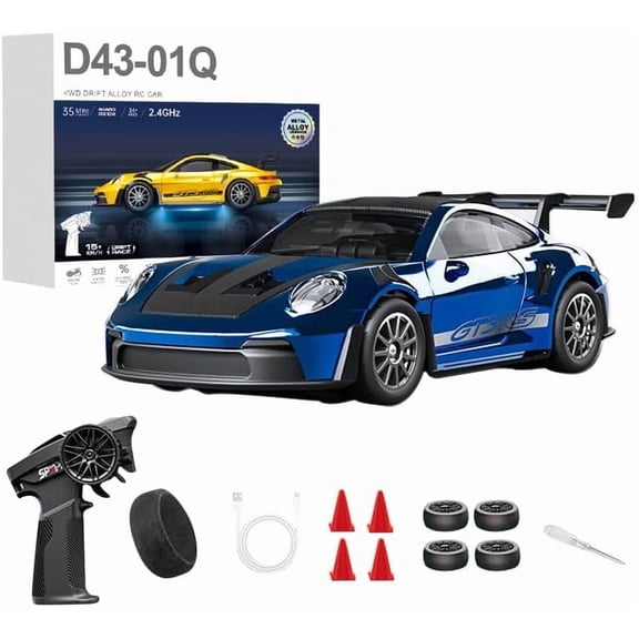D43 1:43 Scale Alloy RC Drift Car Adjustable Gyro, 2.4GHz 4WD Full Proportional RC Sports Car with LED Lights, RC Racing Model for Hobbyists (Q8/Blue - D43-01)