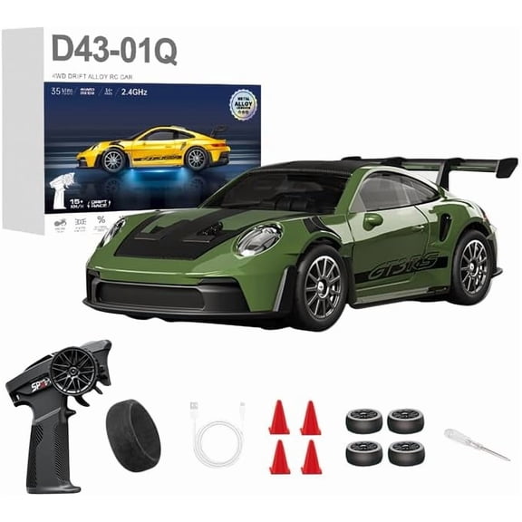 D43 1:43 Scale Alloy RC Drift Car Adjustable Gyro, 2.4GHz 4WD Full Proportional RC Sports Car with LED Lights, RC Racing Model for Hobbyists (Q9/Dark Green - D43-01)