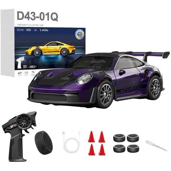 D43 1:43 Scale RC Drift Car with Adjustable Gyro, 2.4G Full Proportional 4WD Alloy Drift Racing Car with LED Lights, EPS Steering System & Silent Bearings for Hobbyist - RTR