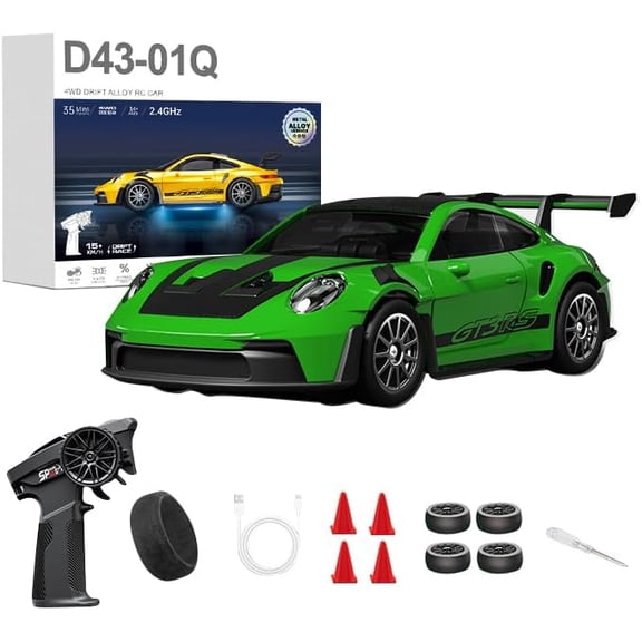 D43 1:43 Scale RC Drift Car with Adjustable Gyro, 2.4G Full Proportional 4WD Alloy Drift Racing Car with LED Lights, EPS Steering System & Silent Bearings for Hobbyist - RTR