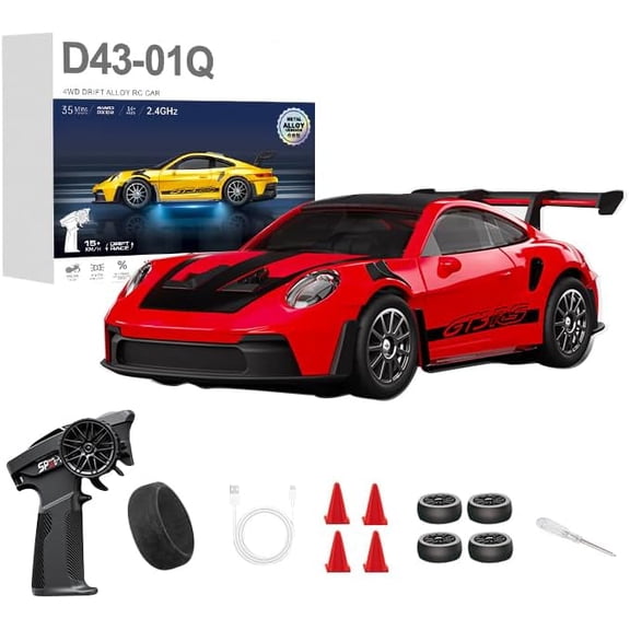 D43 1:43 Scale RC Drift Car with Gyroscope, 2.4G 4WD Alloy Drift Racing Car with Silent Bearings, Adjustable Speed & LED Lights, High-Precision Die-Cast Vehicle for Enthusiasts - RTR