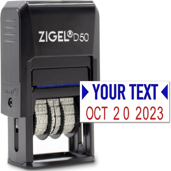 D50 Date Stamp with Your Custom Text - Self Inking Date Stamp - Blue/Red