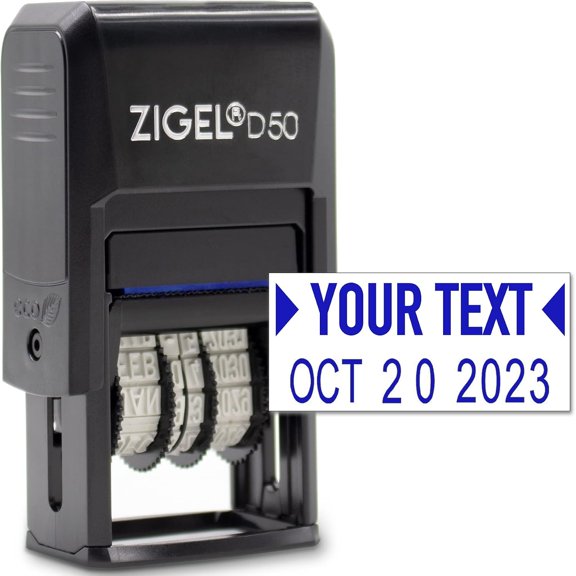D50 Date Stamp with Your Custom Text - Self Inking Date Stamp - Blue