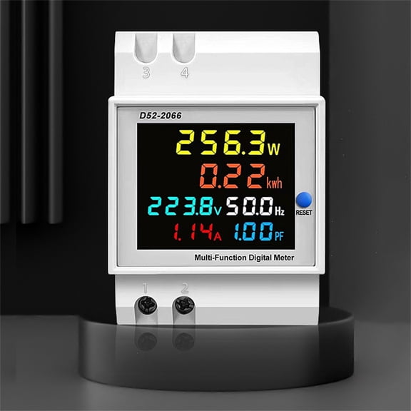 D52-2066 Single Phase Energy Meter with LCD Display Din Rail Electricity Usage Monitor for Voltage Current Power KWh Frequency Power Factor - 220V AC 40V-300V 100A Household & Industrial Use