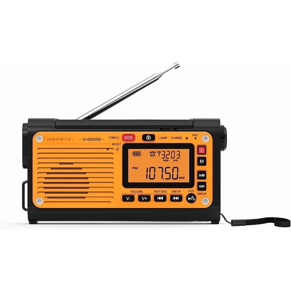 D608WB Radio Hand Crank Weather Radio FM/AM/SW/NOAA Alert Portable Radio, MP3, USB/Solar/Hand Crank , Flashlight, Reading Lamp and SOS