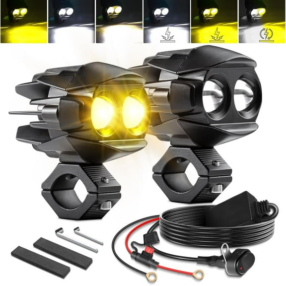 D7 LED Motorcycle Auxiliary Lights Kit 50W White Amber Spot Driving Fog Lights Strobe 6 Modes with Switch Wiring Harness Clamp Brackets Kit for Motorcycle E-Bike ATV UTV Trike