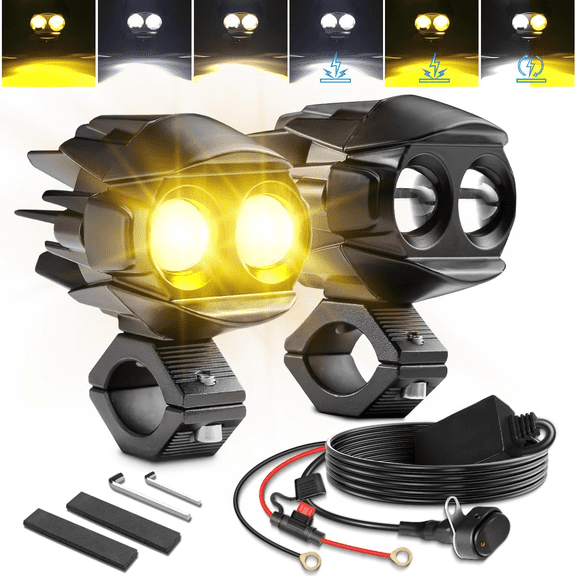 LEDMIRCY Motorcycle Fog Lights Kit White Amber Strobe 6Modes LED Motorcycle Driving Lights with Switch Wiring Harness Memory Function IP68 Waterproof Motorcycle Auxiliary Lights for Adventure ATV UTV