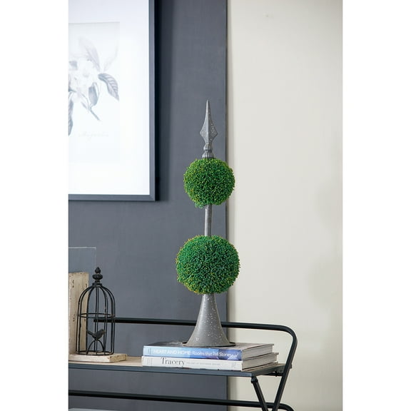 D7x26.5" Artificial Two-Tiered Boxwood Sphere Topiary on Metal Spire