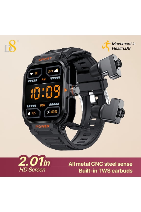 2in1 TWS earbuds smartwatch, built-in headset (receiving/making calls),for Android and iOS smartwatch for mobile phones, large 2.01'IPS display, all metal CNCsteel sense,extra long standby