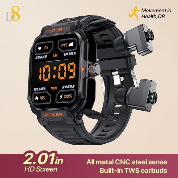 D8 2in1 TWS earbuds smartwatch, built-in headset (receiving/making calls),for Android and iOS smartwatch for mobile phones, large 2.01'IPS display, all metal CNCsteel sense,extra long standby