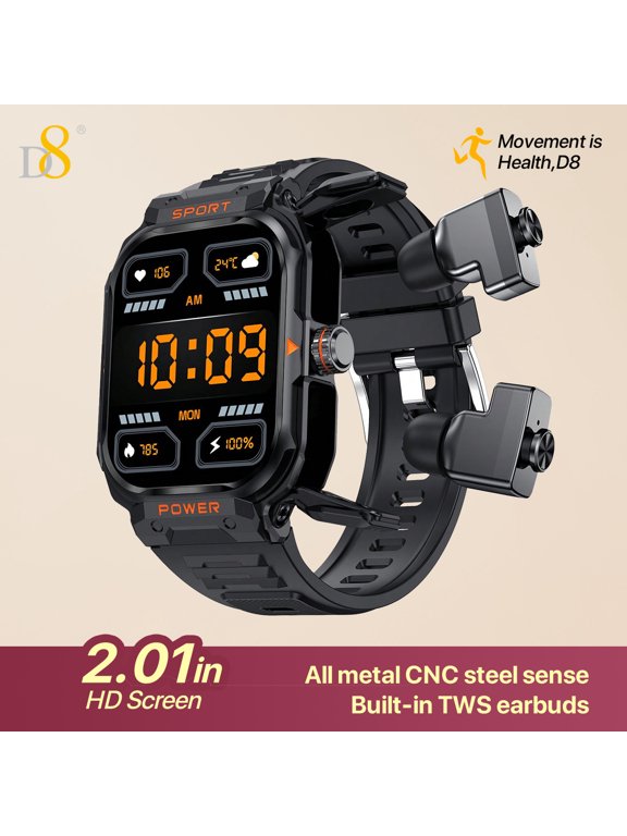 2in1 TWS earbuds smartwatch, built-in headset (receiving/making calls),for Android and iOS smartwatch for mobile phones, large 2.01'IPS display, all metal CNCsteel sense,extra long standby