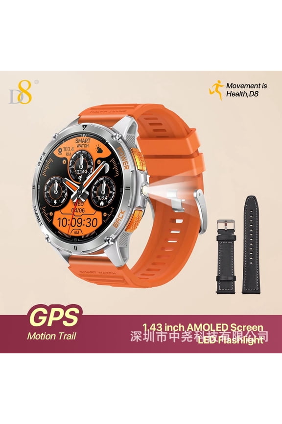 GPS Sports Smart Watch 1.43" AMOLED Always-On Display Multi-System Satellite GPS IP68 Waterproof Built-in Flashlight Stainless Steel Unibody