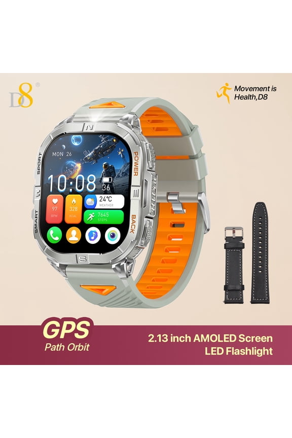 GPS Sports Smart Watch 2.13" AMOLED Always-On Display Multi-System Satellite GPS 3ATM Waterproof Built-in LED Flashlight Stainless Steel Unibody