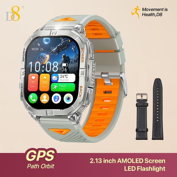 D8 GPS Sports Smart Watch 2.13" AMOLED Always-On Display Multi-System Satellite GPS 3ATM Waterproof Built-in LED Flashlight Stainless Steel Unibody