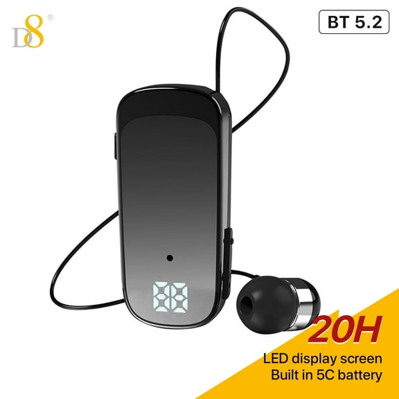 D8 Retractable Wireless Headset ,LED Display Over-Ear Buds,Headphone Stereo Earphone V5.2 Noise Cancelling Mic Clip On Earpiece Comfortable HandsFree Headset 20Hrs Talking Time Sports Business