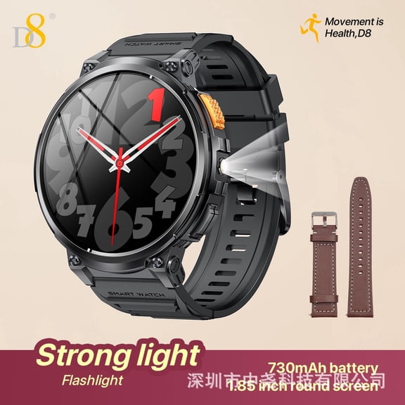 D8 Smart Watch 1.85" Full Round IPS HD Touch Screen 730mAh Long Standby Built-in Flashlight 20+ Sports Modes Fitness Tracker