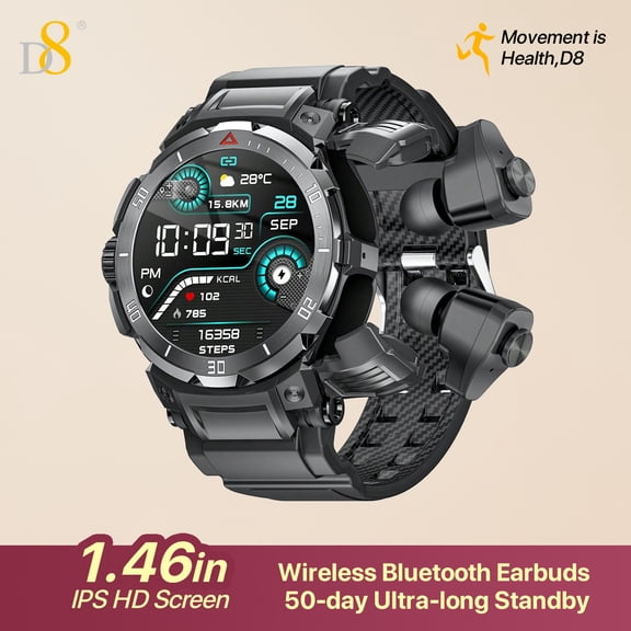 D8 Smart watch with earbuds for Men Women,1.46" HD Touch Screen,9D Sound Effects,110+ Fitness & Sleep Monitor, Recording microphone,New design style(Call Receive/Dial), message notifcation