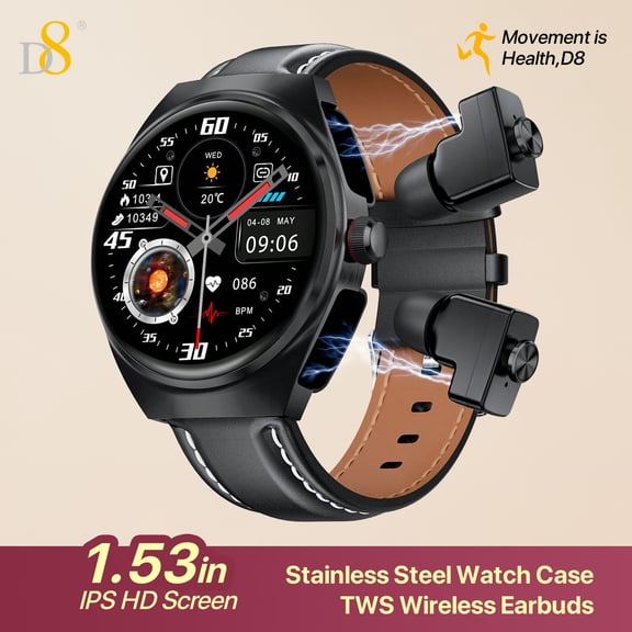 D8 TWS wireless earbuds smartwatch, built-in headset (receiving/making calls), Android and iOS smartwatch for mobile phones,1.53' high-definitioin large display, extended battery life NFC integration