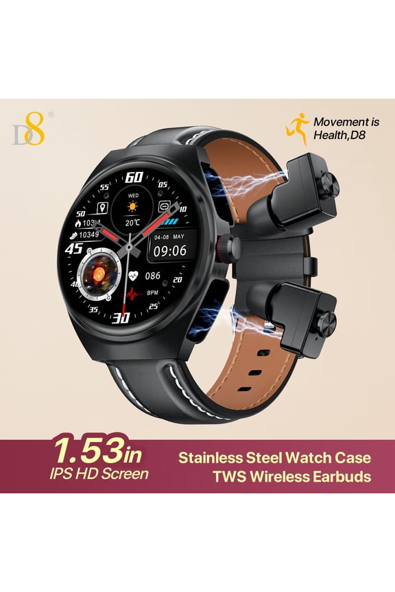 TWS wireless earbuds smartwatch, built-in headset (receiving/making calls), Android and iOS smartwatch for mobile phones,1.53' high-definitioin large display, extended battery life NFC integration