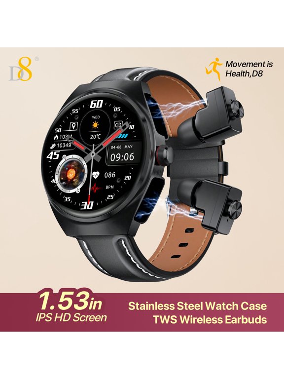 TWS wireless earbuds smartwatch, built-in headset (receiving/making calls), Android and iOS smartwatch for mobile phones,1.53' high-definitioin large display, extended battery life NFC integration