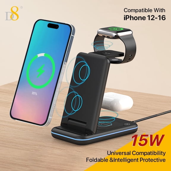 D8 Wireless Charging Station,3 In 1 Wireless Charging Stand Made Compatible With Apple Watch Ultra 9 8 7 6 SE 5 4 3,Fast Wireless Charger Made Compatible With IPhone 15/Plus/Pro Max/14/13/12/11/X