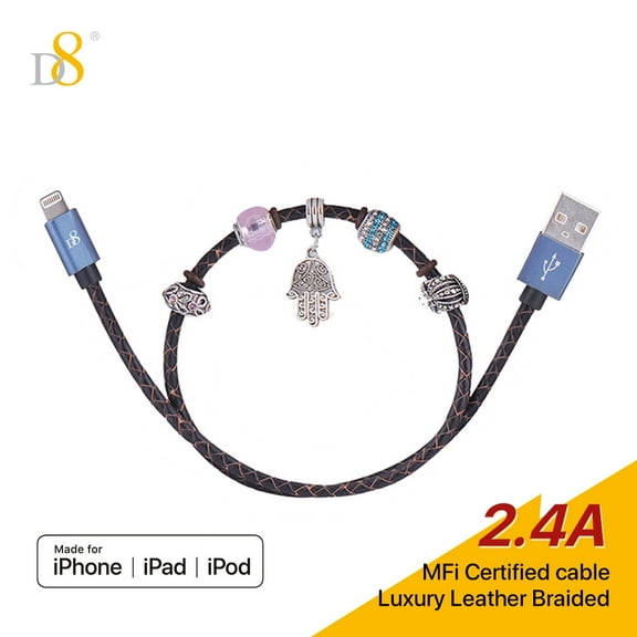 D8 iPhone Charger Cable, 0.4M Lightning Cable, Leather +Beads USB-A to Lightning Cable, compatible with MFi Certified iPhone Charger Cable for iPhone SE/Xs and More