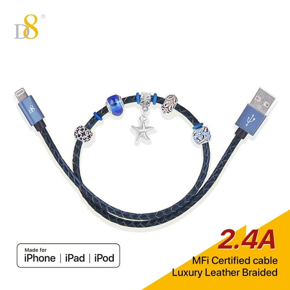 D8 iPhone Charger Cable, 0.4M Lightning Cable, Leather +Beads USB-A to Lightning Cable, compatible with MFi Certified iPhone Charger Cable for iPhone SE/Xs and More