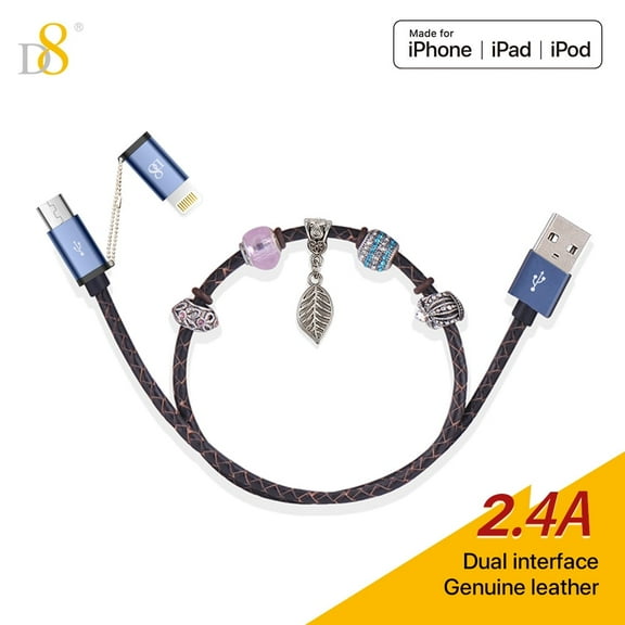 D8 iPhone Charger Cable,2 in 1 0.4M Lightning Cable,Leather+Beads USB-A to Lightning Cable, compatible withMFi Certified iPhone Charger Cable for iPhone SE/Xs/XS Max and More.