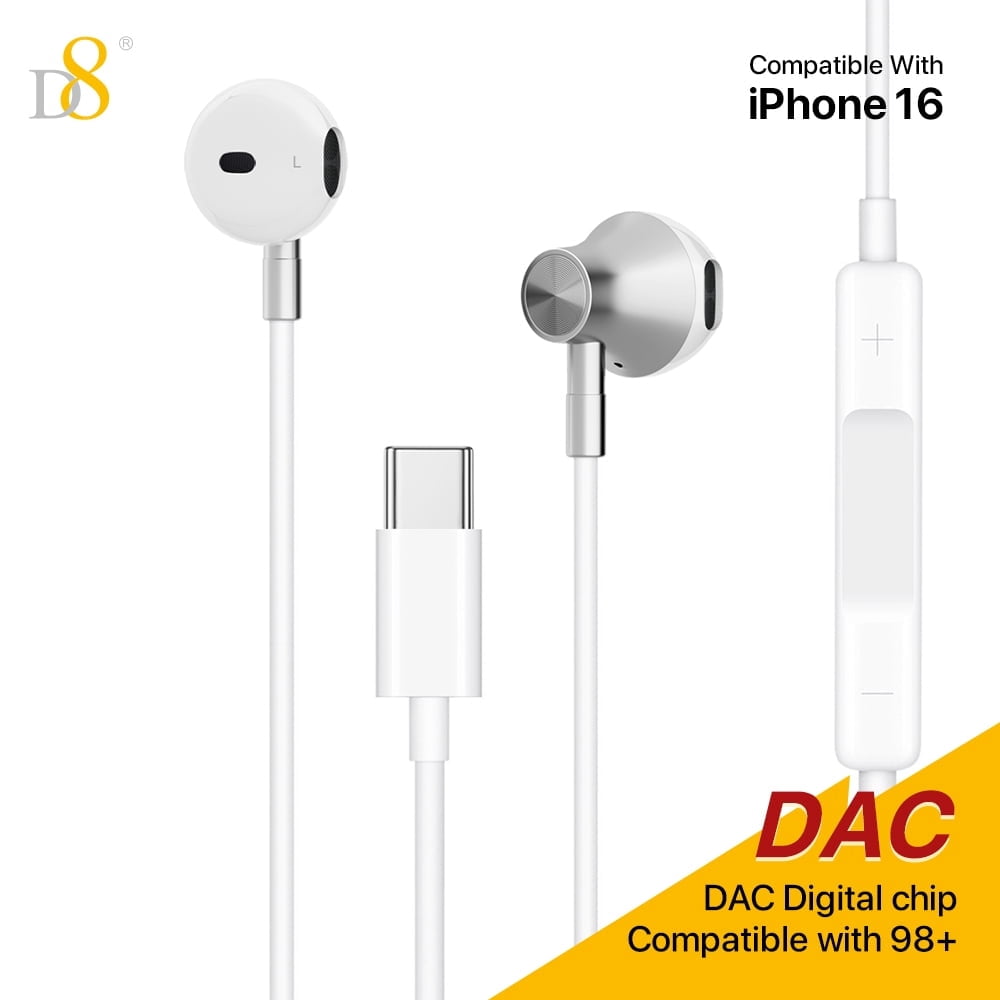 D8 iPhone15 USB Type C Headphones in Ear Earphones Earbuds with Mic and Volume Control ,Compatible for iPhone16/16Pro/16Pro Max/Samsung Galaxy S23 S22 S21 Ultra S20 FE Note 20 10 A53, Google Pixel 7