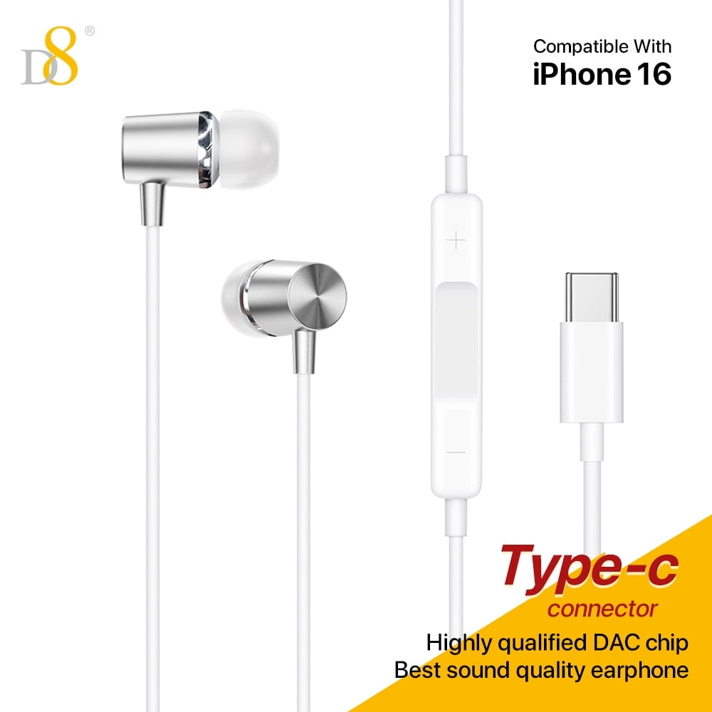 D8 iPhone15 USB Type C Headphones in Ear Earphones Earbuds with Mic and Volume Control ,Compatible for iPhone16/16Pro/16Pro Max/Samsung Galaxy S23 S22 S21 Ultra S20 FE Note 20 10 A53, Google Pixel 7