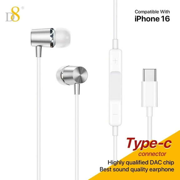 D8 iPhone15 USB Type C Headphones in Ear Earphones Earbuds with Mic and Volume Control ,Compatible for iPhone16/16Pro/16Pro Max/Samsung Galaxy S23 S22 S21 Ultra S20 FE Note 20 10 A53, Google Pixel 7