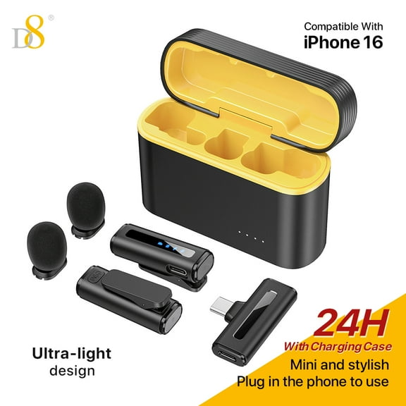 D8 smart microphone ultra-light design is easy to carry, plug into the mobile phone, 24h use with charging box, ultra-long distance transmission, widely compatible with Type-C