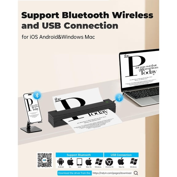 D80 Portable Thermal Printer Wireless Inkless for Travel Office Home Black