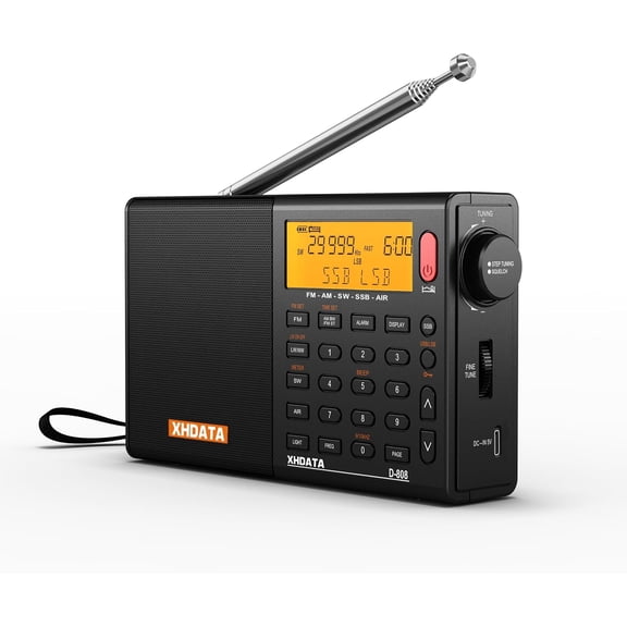 D808 Portable AM FM SW LW Air Band Shortwave Radio SSB RDS Multi Band Digital Radio Speaker with LCD Display Alarm Clock External Antenna (Black)