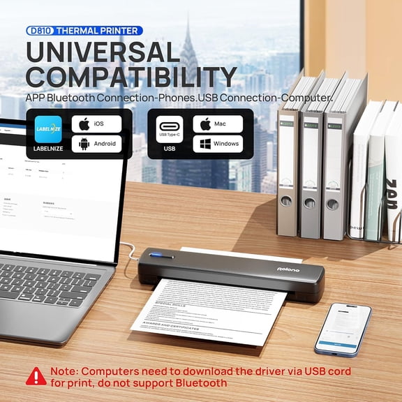 D810 Portable Inkless Bluetooth Thermal Printer for Office Home Travel - Wireless Mobile Printing with 20 Sheets