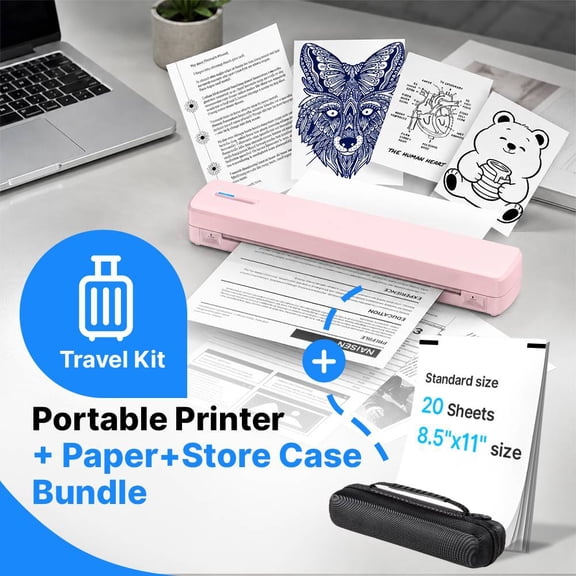 D810 Portable Thermal Printer, Wireless BT Inkless Printer, 20 Sheets Thermal Paper+50 sheets tattoo paper Compatible with Phone Laptop