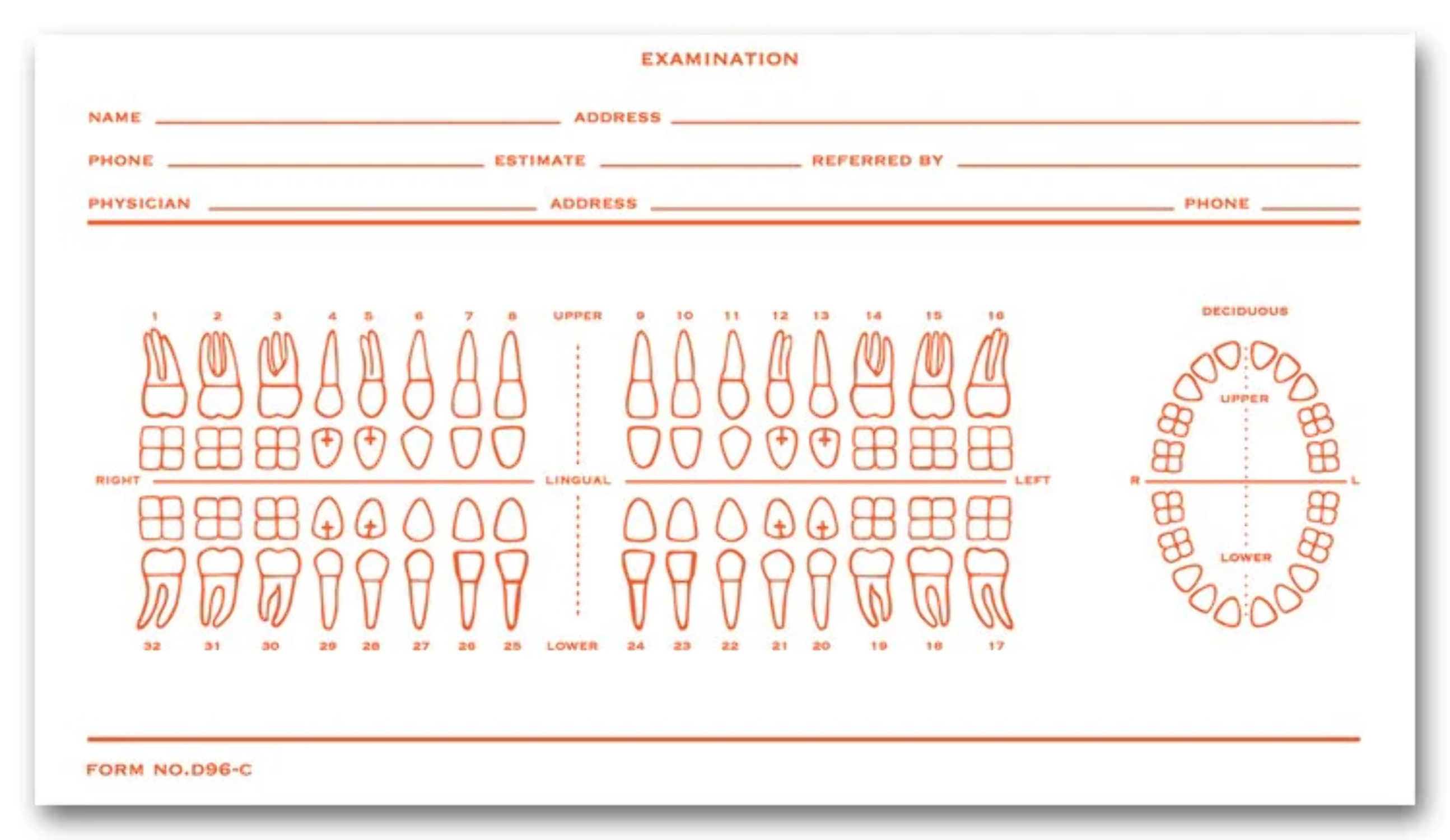 D86C Dental Exam Record Slips Numbered Teeth System C 3 1/2 x 6