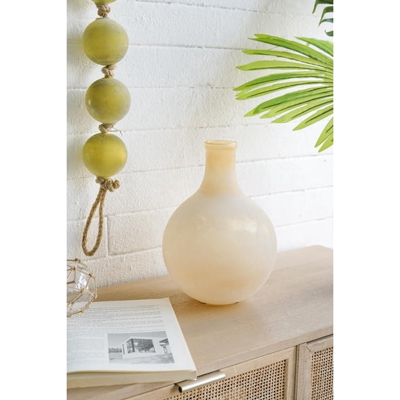 Moomuto Beige Frosted Glass Bulbous Vase, 8x11in with Sparkle Finish